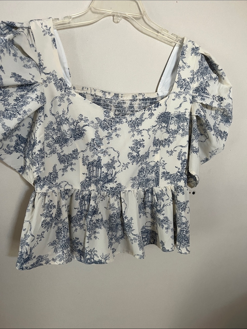 SHEIN White and Blue Toile Square Neck Peplum Blouse